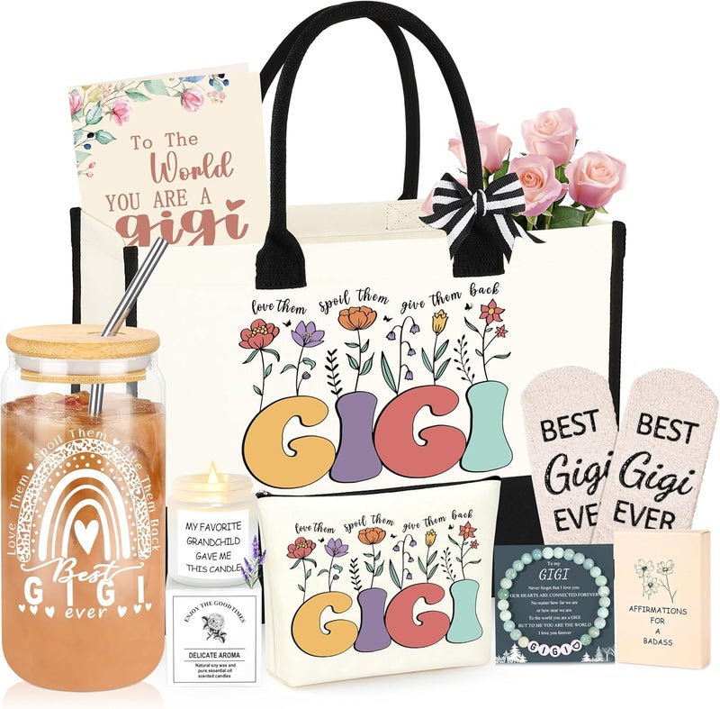 DOGMEM Gigi Gifts for Grandma Birthday Gift Set from Granddaughter Grandchildren Grandkids Mother's Day Gifts for Gigi Tote Bag Makeup Bag 16 Oz Can Glass - Image 1